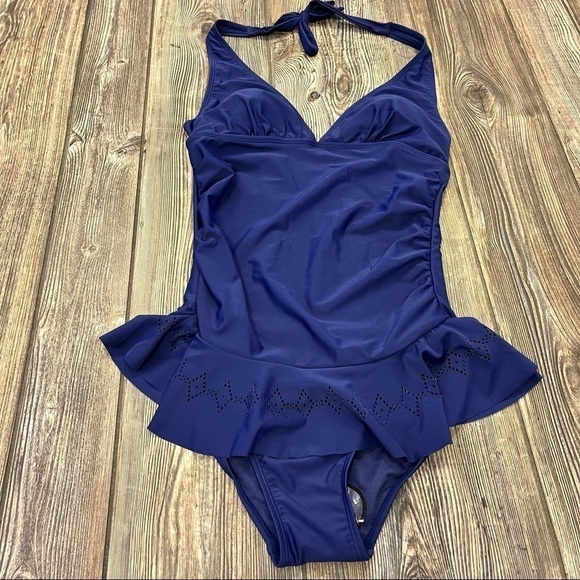 NICOLE Miller Blue Halter Swim Dress Small NWT One Piece Swimsuit - Picture 1 of 11